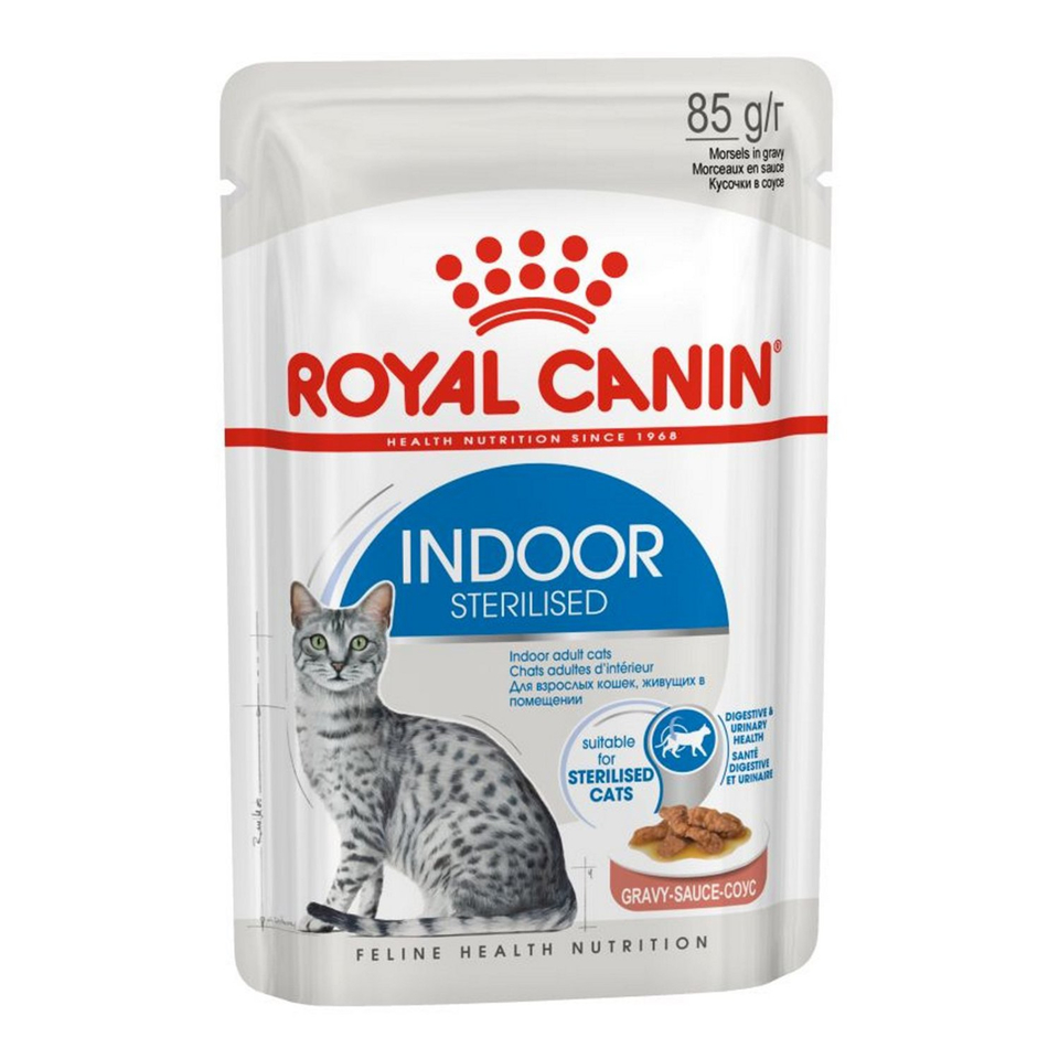 Royal Canin Indoor Sterilised для взрослых стерилизованных кошек, живущих в помещении, здоровье почек и пищеварения, мясо, кусочки в соусе, пауч 85 г