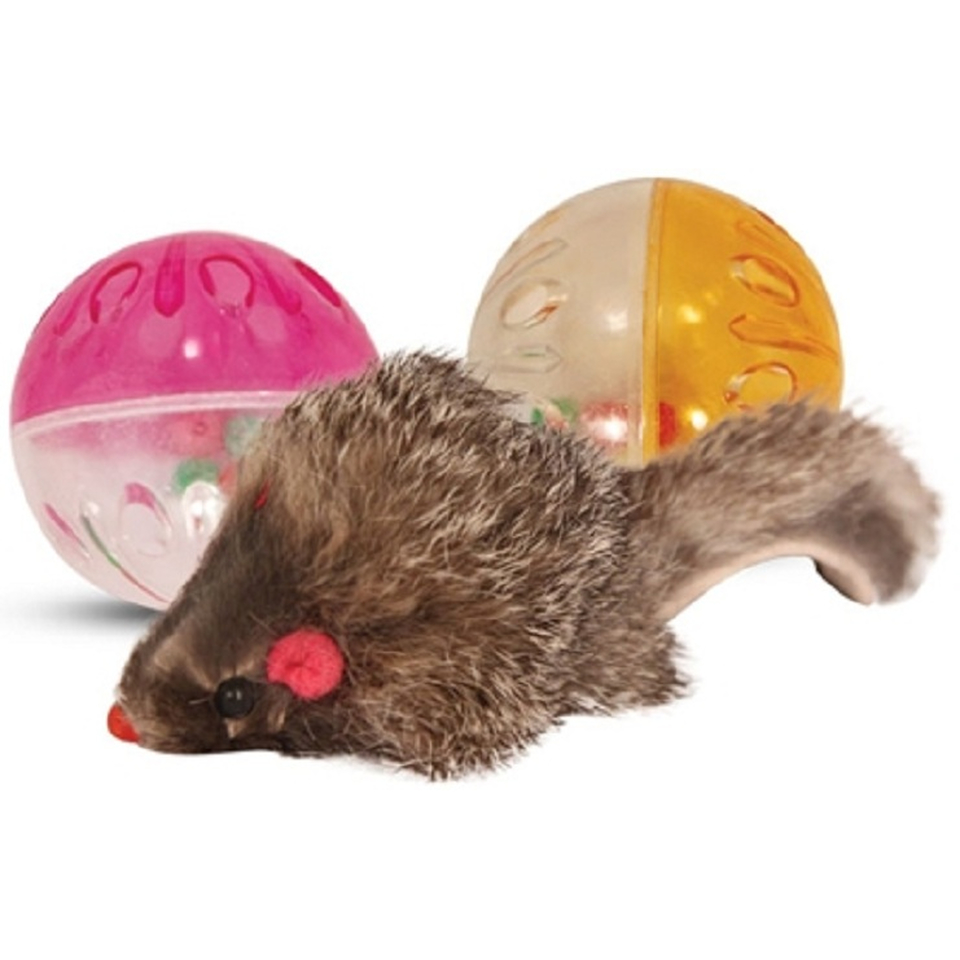 Триол Набор 2 мяча+мышка, игрушка для кошек, 4,5+5,5 см