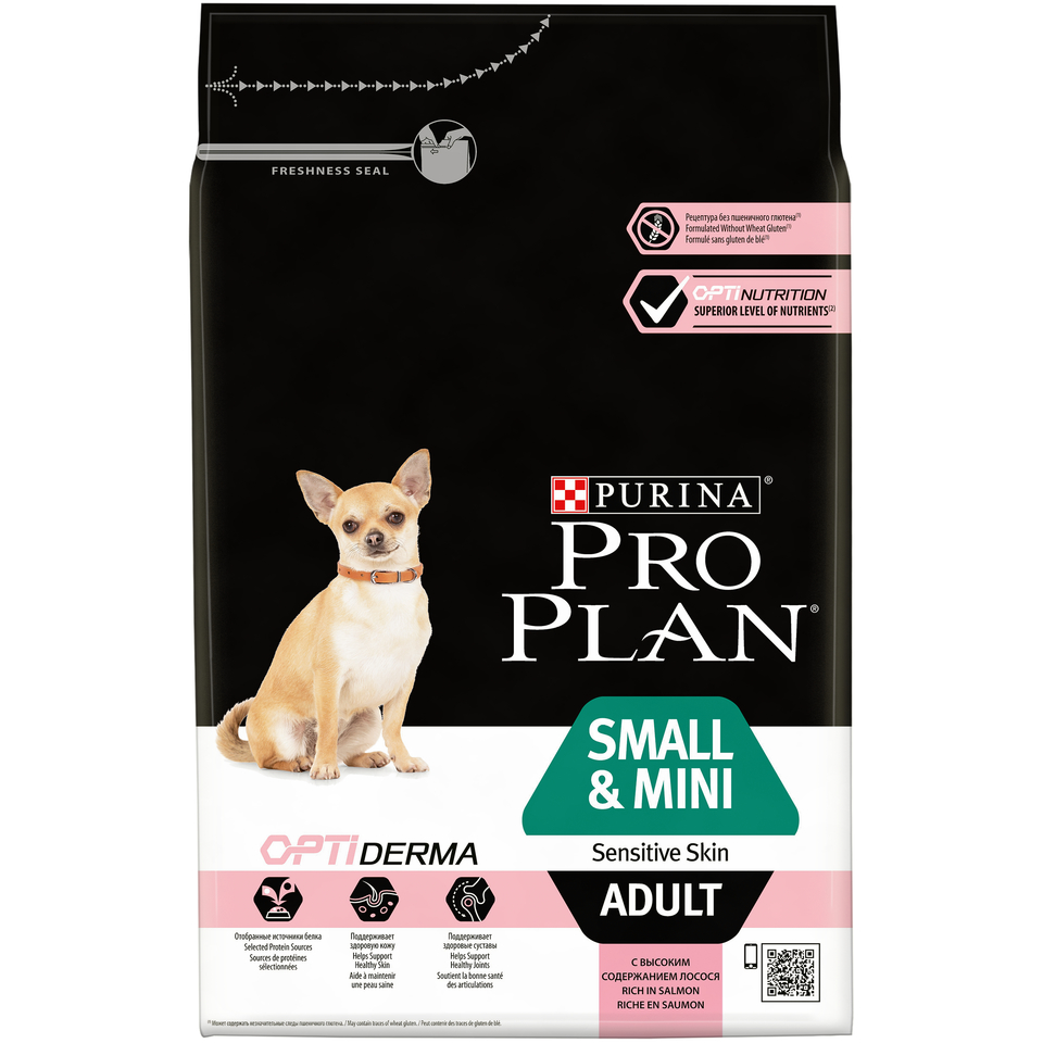 Pro Plan Small & Mini Adult sensitive skin для взрослых собак мелких пород с чувствительной кожей, лосось/рис, 3 кг