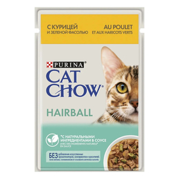 Cat Chow Adult Hairball Control для взрослых кошек, выведение комков проглоченной шерсти, курица и зеленая фасоль, пауч 85&nbsp;г
