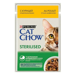 Cat Chow Adult Sterilised для стерилизованных кошек, контроль веса, курица и баклажан в соусе, пауч 85&nbsp;г