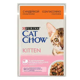 Cat Chow Kitten для котят, беременных и кормящих кошек, индейка и кабачок в желе, пауч 85&nbsp;г