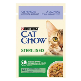 Cat Chow Adult Sterilised для стерилизованных кошек, контроль веса, ягненок и фасоль в соусе, пауч 85&nbsp;г