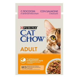 Cat Chow Adult 1+, для взрослых кошек, крепкие кости + хорошее зрение, лосось и фасоль в желе, пауч 85&nbsp;г