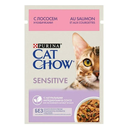 Cat Chow Sensitive для кошек с чувствительным пищеварением, лосось и кабачок в соусе, пауч 85 г