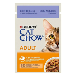 Cat Chow Adult 1+, для взрослых кошек, крепкие кости + хорошее зрение, ягненок и фасоль в желе, пауч 85&nbsp;г