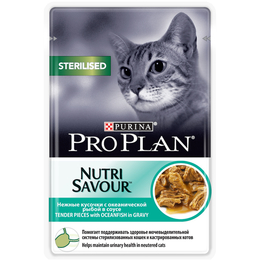 Pro Plan Sterilised для стерилизованных кошек, океаническая рыба, кусочки в соусе, пауч 85&nbsp;г