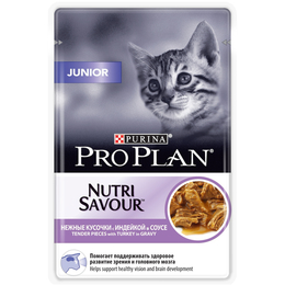 Pro Plan Junior NutriSavour для котят в период роста, для зрения и развития мозга, индейка, пауч 85 г