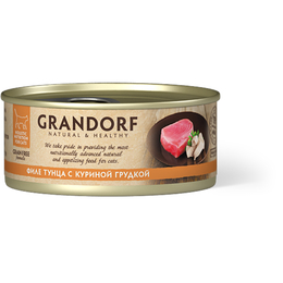 Grandorf Grain Free беззерновой для кошек всех возрастов, филе тунца с куриной грудкой, консервы 70 г