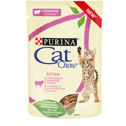Cat Chow Kitten для котят, беременных и кормящих кошек, ягненок и кабачок в соусе, пауч 85 г