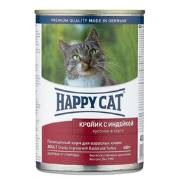 Happy Cat Adult Supreme для взрослых кошек с чувствительным пищеварением, кролик/индейка, кусочки в соусе, консервы 400 г