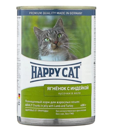 Happy Cat Adult Supreme для взрослых кошек с чувствительным пищеварением, ягненок/индейка, кусочки в желе, консервы 400 г