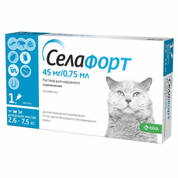 KRKA Селафорт от блох и клещей 45&nbsp;мг для кошек весом 2,6–7,5&nbsp;кг, 0,75&nbsp;мл