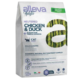 Alleva Holistic для кастрированных кошек 1,5 кг c курицей, уткой, волокнами сахарного тростника и женьшенем беззерновой, 1,5кг