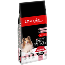 Pro Plan Medium Adult sensitive skin для взрослых собак средних пород с чувствительной кожей, лосось, 12&nbsp;кг +2&nbsp;кг