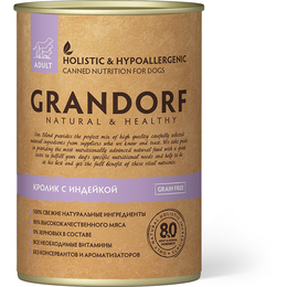 Grandorf Grain Free Adult беззерновой для собак с чувствительным пищеварением, кролик/индейка, консервы 400 г