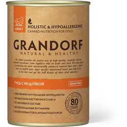 Grandorf Grain Free Adult беззерновой для собак с чувствительным пищеварением, гусь/индейка, консервы 400 г