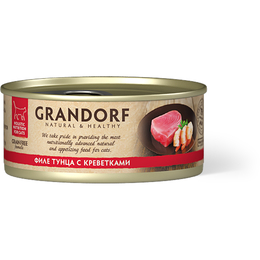 Grandorf Grain Free беззерновой для кошек всех возрастов, филе тунца с креветками, консервы 70 г