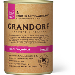 Grandorf Grain Free Adult беззерновой для собак с чувствительным пищеварением, буйвол/индейка, консервы 400 г