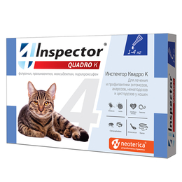 Инспектор Квадро К капли от внешних и внутренних паразитов для кошек весом до 4 кг, 1 пипетка