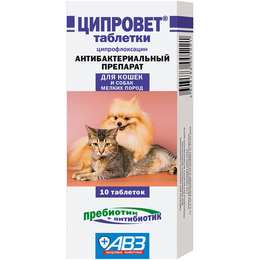 Ципровет для кошек и собак мелких пород, лечение бактериальных инфекций + пребиотик, 10 таблеток