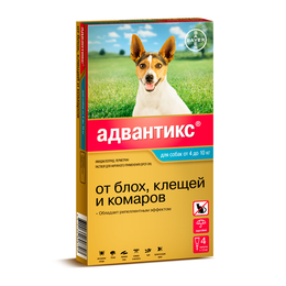 Адвантикс капли для собак весом 4–10 кг от блох, клещей и комаров, 4 пипетки