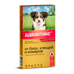Адвантикс капли для собак весом 10–25 кг от блох, клещей и комаров, 4 пипетки