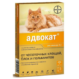 Адвокат капли для кошек весом до 4&nbsp;кг от экто- и эндопаразитов, 3&nbsp;пипетки