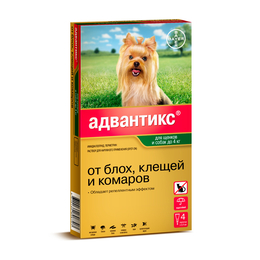 Адвантикс капли для собак и щенков весом до 4 кг от блох, клещей и комаров, 4 пипетки